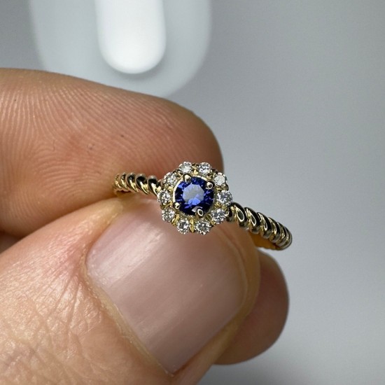 14K Dainty Blue Sapphire And Diamond Ring, Halo Sapphire Ring, Minimal Sapphire Ring, Twisted Rope Ring, Everyday Ring, Gift Diamond Ring