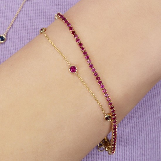 Ruby Bezel Bracelet, 14K Bezel Stone Bracelet, Dainty Gemstone Bracelet, Ruby Bracelet, Natural Ruby, Stackable Chain Bracelet