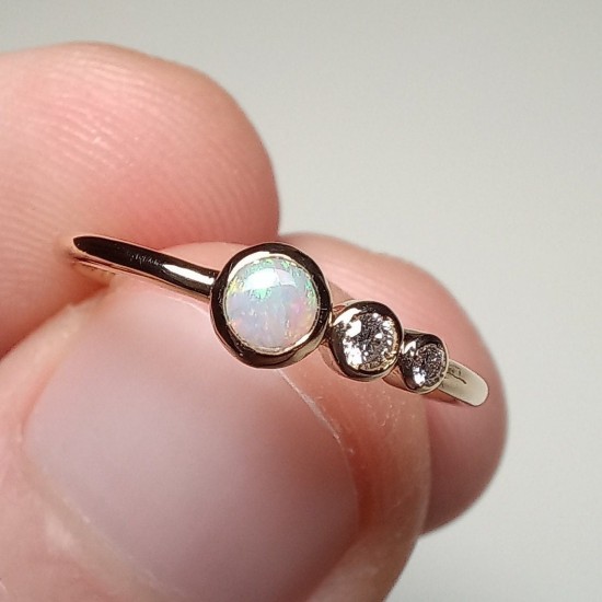 14K Australian Opal Ring, Opal Ring With Diamonds, Gemstone Rings, Opal,Round Opal With Diamonds, Three Stone Ring, Engagement Ring