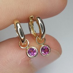 Tiny Pink Sapphire Drop Huggies, Petite Birthstone Earrings, Bezel Sapphire Hoops, Pink Gemstone Drop Earrings