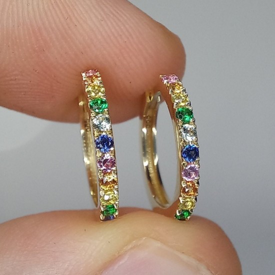 Rainbow Hoops, 14K-18K Multi Color Sapphire Earrings, Multi Gemstone Huggies