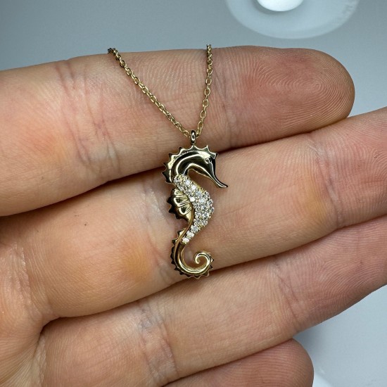 Diamond Seahorse Pendant, 14K-18K Diamond Seahorse Necklace, Seahorse Charm, Seahorse Jewelry, Sea Diamond Necklace