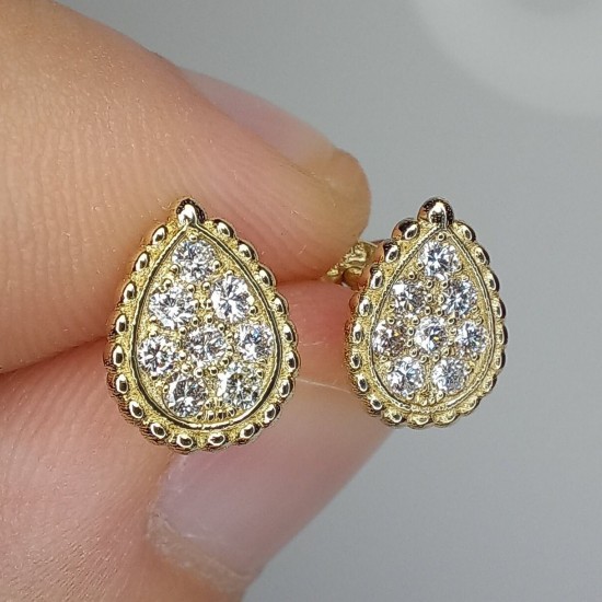 Tear Drop Diamond Studs, Pave Diamond Beaded Stud, 14K-18K Pear Shape Diamond Earrings