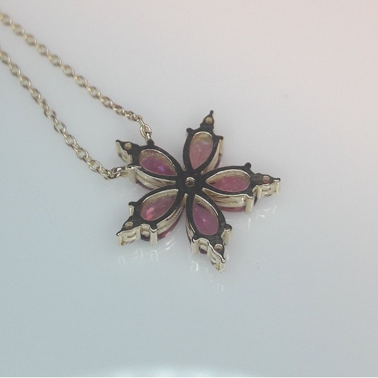 Natural Pink Tourmaline And Diamond Flower Pendant, 14K Solid Gold Tourmaline Necklace, Flower Gemstone Charm,