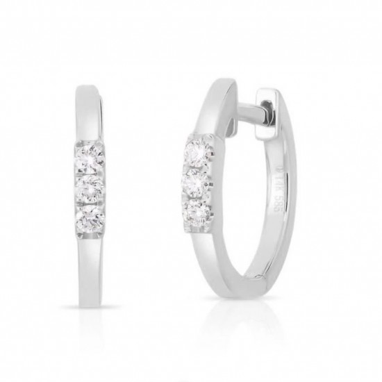 Prong Diamond Huggie Earrings, Three Diamond Hoops, Thin Diamond Hoops, 14K Solid Gold Hoops, Genuine Diamond Hoops