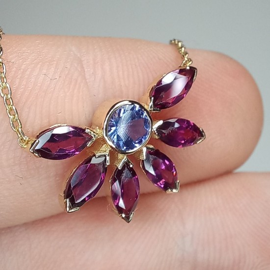 14K Natural Tanzanite Necklace, Marquise Rhodalite & Round Tanzanite Pendant, Top Quality Tanzanite Jewelry, Unique Tanzanite Necklace