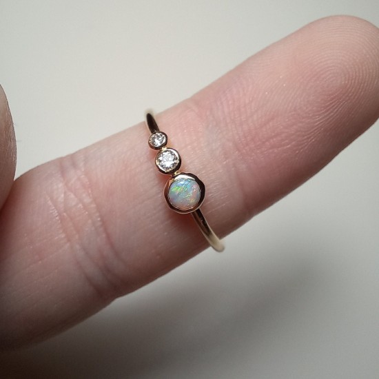 14K Australian Opal Ring, Opal Ring With Diamonds, Gemstone Rings, Opal,Round Opal With Diamonds, Three Stone Ring, Engagement Ring