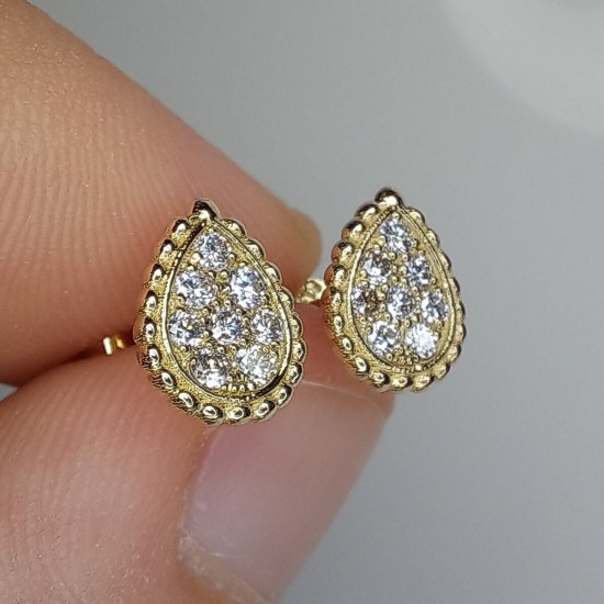 Tear Drop Diamond Studs, Pave Diamond Beaded Stud, 14K-18K Pear Shape Diamond Earrings