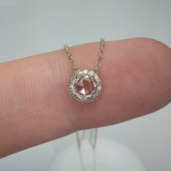 Rose Cut White Sapphire Pendant, Halo Diamond Rosecut Sapphire Necklace, Dainty Rose Cut Charm, 14K Rose Cut Halo Necklace