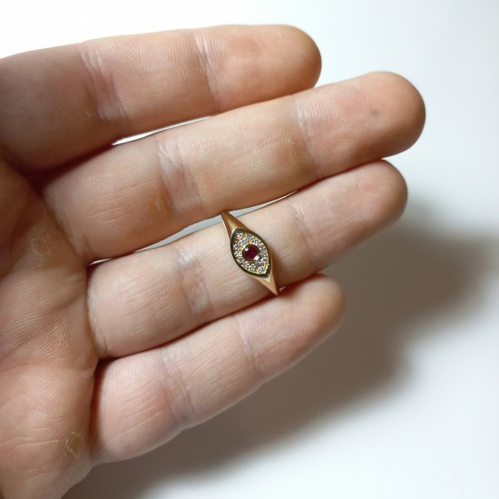 Evil Eye Ruby And Diamond Ring, 14K-18K Marquise Shape Signet Ring, Stackable Signet Ring, Ruby Signet Ring, Pinky Signet Ring