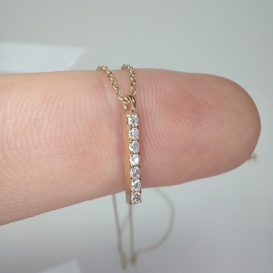 14K Vertical Diamond Necklace, Vertical Pave Diamond Pendant, Minimal Diamond Bar Necklace, Diamond Line Charm, Dangling Diamond Bar Pendant