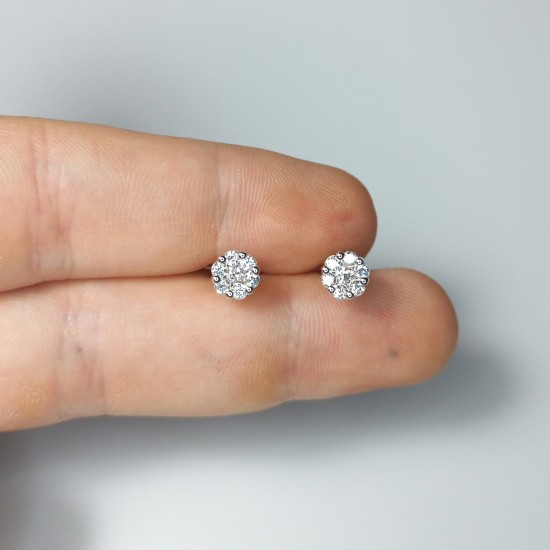 Cluster Diamond Earrings, Pave Diamond Flower Studs, 14K-18K Coronet Diamond Stud, Pave Diamond Studs, Engagement Studs, Wedding Diamond Set