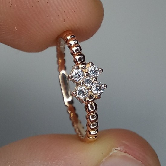 Clover Diamond Ring, 14K-18K Mini Flower Diamond Ring, Tiny Beaded Diamond Band, Stackable Diamond Ring