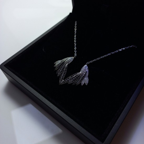 Angel Wings Black And White Diamond Necklace, Gorgeous Diamond Wings, 14K Double Wing Pendant, 1.30Ct Diamond Wings