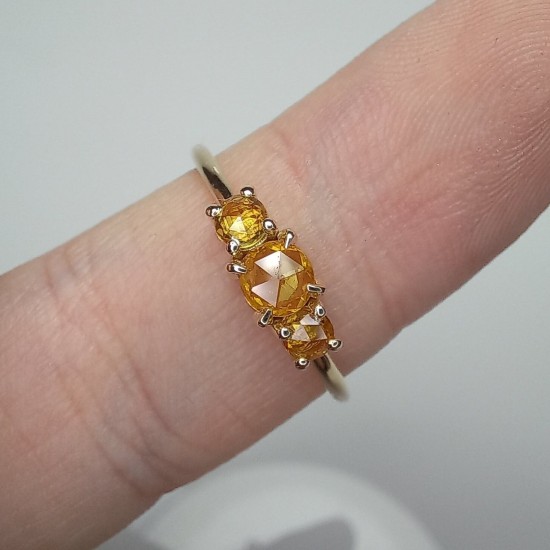 Yellow Sapphire Ring, Triple Rose Cut Genuine Yellow Sapphire Band, 14K Solid Gold Sapphire Rings, Stackable Sapphire Ring, Gemstone Ring