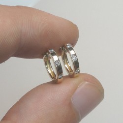 Bezel Diamond Huggie Earrings, Three Diamond Hoops, Inlay Diamond Hoops, 14K Solid Gold Hoops, Genuine Diamond Hoops