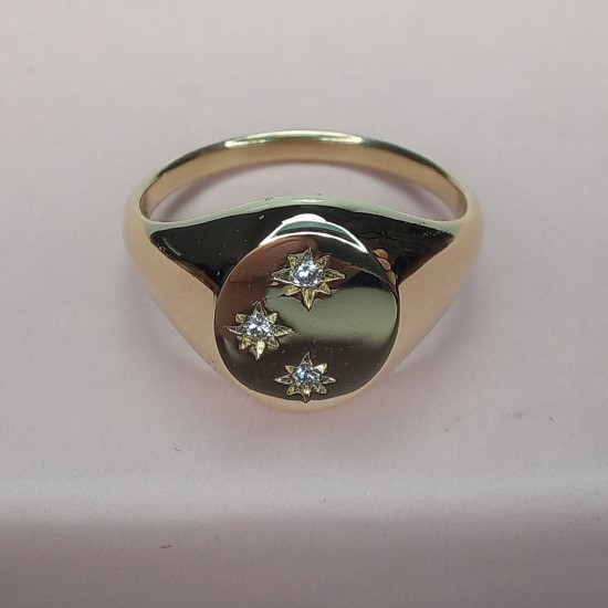 Three Star Signet Ring, Star Diamond Ring, 14K Celesital Signet Ring, Tiny Star Diamond Band, Diamond Signet Ring