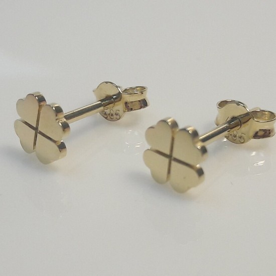 14K Four Leaf Stud Earrings, Solid Gold Clover Studs, Flower Earrings, Lucky Flower Studs