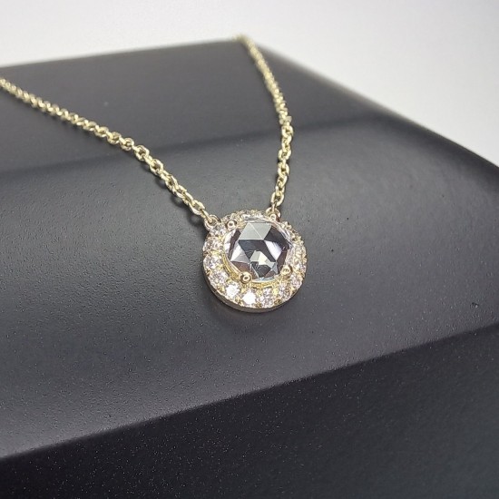 Rose Cut White Sapphire Pendant, Halo Diamond Rosecut Sapphire Necklace, Dainty Rose Cut Charm, 14K Rose Cut Halo Necklace