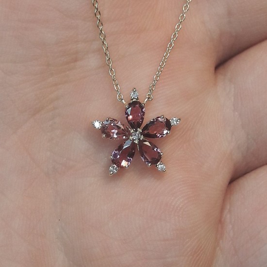 Natural Pink Tourmaline And Diamond Flower Pendant, 14K Solid Gold Tourmaline Necklace, Flower Gemstone Charm,