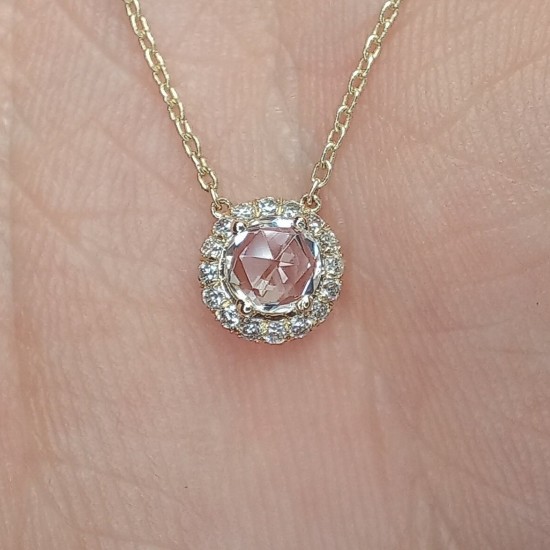 Rose Cut White Sapphire Pendant, Halo Diamond Rosecut Sapphire Necklace, Dainty Rose Cut Charm, 14K Rose Cut Halo Necklace