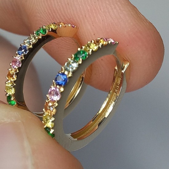 Rainbow Hoops, 14K-18K Multi Color Sapphire Earrings, Multi Gemstone Huggies