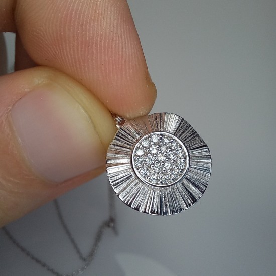 Medallion Diamond Necklace, Fluted Diamond Charm, 14K-18K Ballerina Disc Necklace, Round Pave Flower Necklace, Round Pave Diamond Pendant