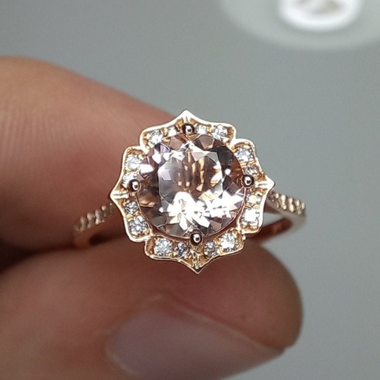 Morganite Vintage Engagement Ring, 14K Morganite And Diamond Wedding Ring, 7mm Natural Morganite, 1.2ct Brilliant Cut Morganite Bridal Ring