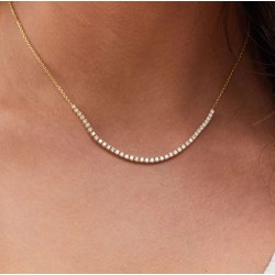 1.40 Ct 2mm Genuine Diamond Tennis Necklace, 14K Gold Prong Setting Diamond Necklace, Half Tennis Necklace With Diamond Cut Cable Chain