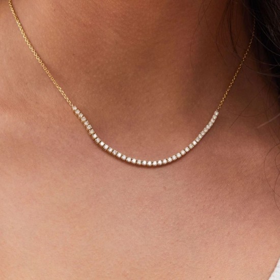 1.40 Ct 2mm Genuine Diamond Tennis Necklace, 14K Gold Prong Setting Diamond Necklace, Half Tennis Necklace With Diamond Cut Cable Chain