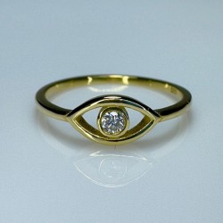 Evil Eye Diamond Ring, Petite Evil Eye Band, 14K Gold Evil Eye Ring, Yellow Gold Eye Ring, Dainty Evil Eye Ring, 0.07ct Diamond Ring