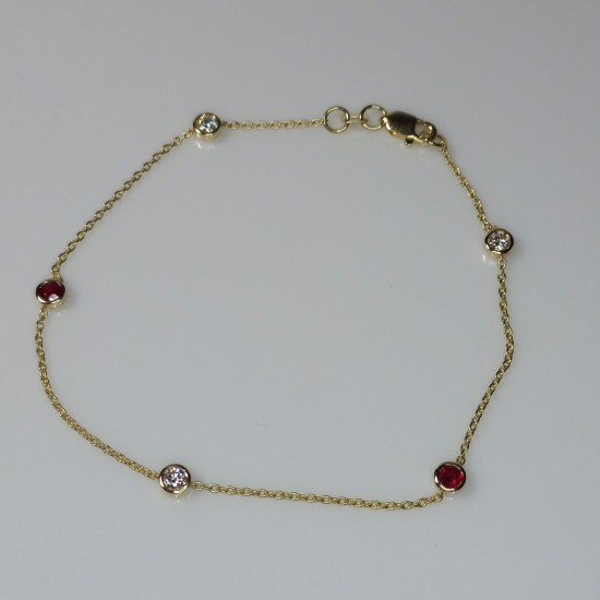 Diamond And Ruby Station Bracelet, Bezel Set Genuine Diamond & Ruby Bracelet, 14K-18K Dainty Solid Gold Bracelet, Layering Bracelet