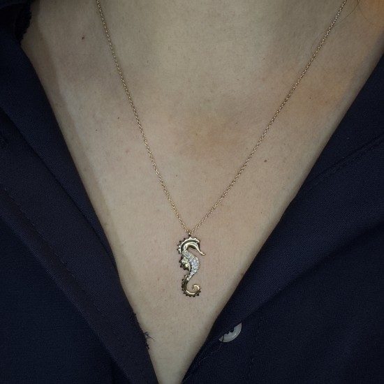 Diamond Seahorse Pendant, 14K-18K Diamond Seahorse Necklace, Seahorse Charm, Seahorse Jewelry, Sea Diamond Necklace