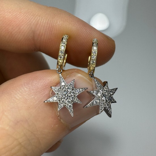 Star Drop Diamond Hoops, Celestial Diamond Earrings, Dangle Drop Huggies, 14K-18K Star Diamond Drops, Pave Diamond Hoops, North Star Earring