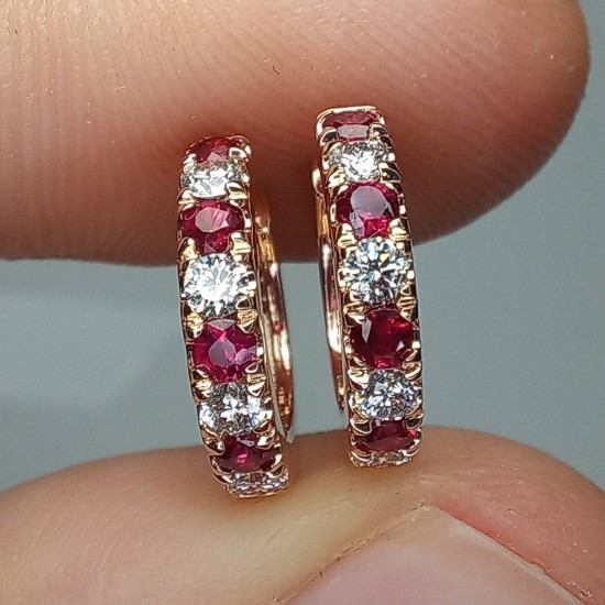 Big Thick Diamond And Ruby Huggies, Bold Diamond Earrings, 14K Huggie Hoops, Chunky Big Diamond Huggies, Natural Pigeon Blood Ruby Hoops