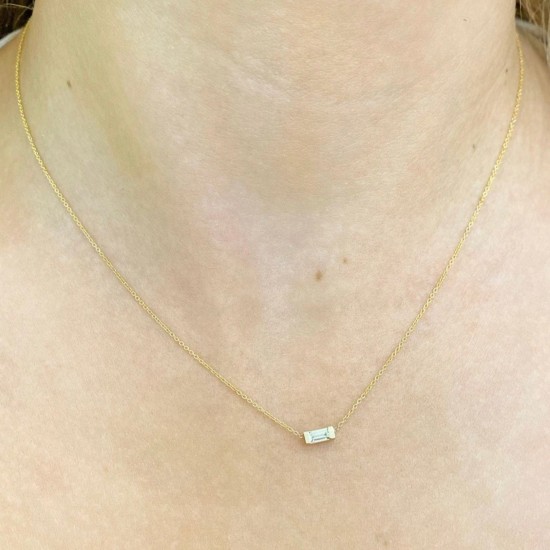 0.12Ct Baguette Diamond Necklace, Solid Gold Chain Pendant, Dainty Baguette Charm, Diamond Layer Necklace