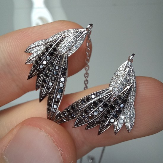 Angel Wings Black And White Diamond Necklace, Gorgeous Diamond Wings, 14K Double Wing Pendant, 1.30Ct Diamond Wings