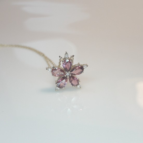 Natural Pink Tourmaline And Diamond Flower Pendant, 14K Solid Gold Tourmaline Necklace, Flower Gemstone Charm,