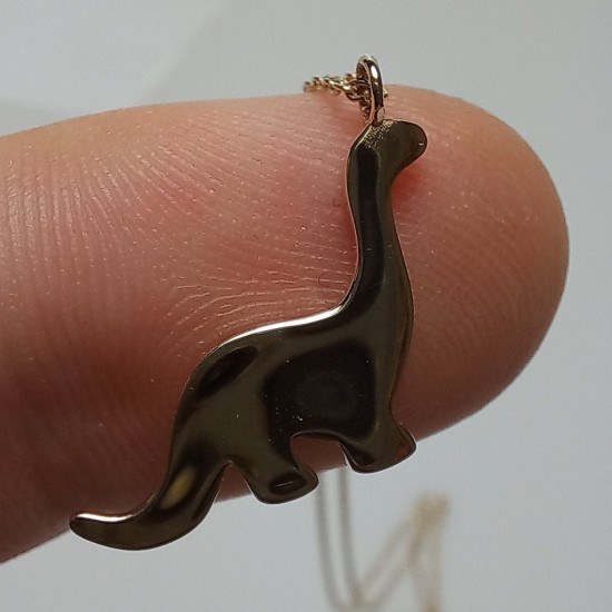 14K Dinosaur Charm Necklace, Solid Gold Brontosaurus Pendant, Cute Apatosaurus High Polished Necklace, Minimal Dino Pendant