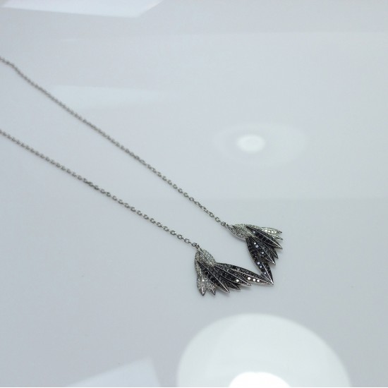 Angel Wings Black And White Diamond Necklace, Gorgeous Diamond Wings, 14K Double Wing Pendant, 1.30Ct Diamond Wings