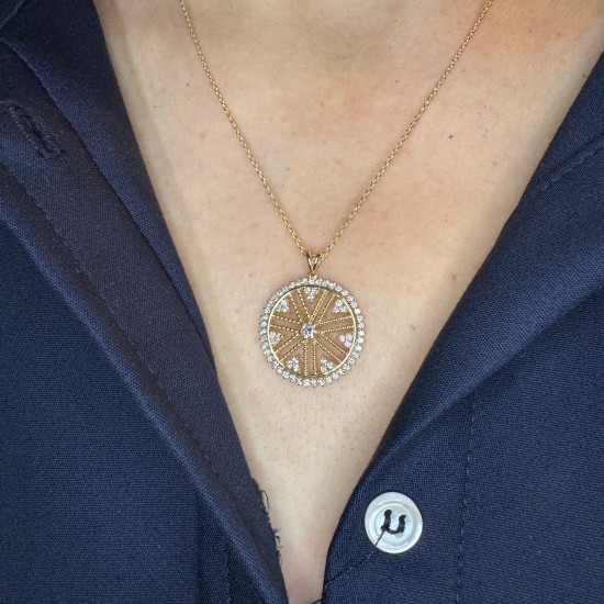 Diamond Big Disc, 14K Ballerina Disc Pendant, Unique Diamond Disc Necklace, Beaded Diamond Disc, 0.73ct Diamond Necklace, Diamond Medallion