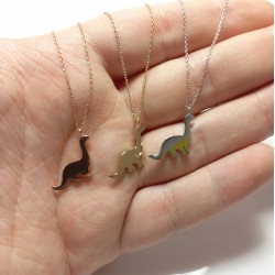 14K Dinosaur Charm Necklace, Solid Gold Brontosaurus Pendant, Cute Apatosaurus High Polished Necklace, Minimal Dino Pendant