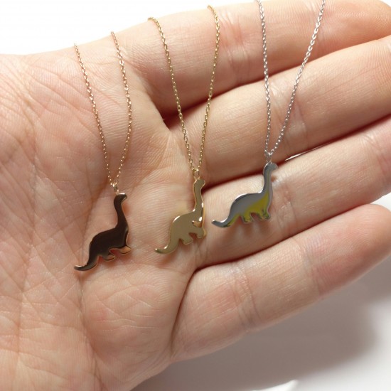 14K Dinosaur Charm Necklace, Solid Gold Brontosaurus Pendant, Cute Apatosaurus High Polished Necklace, Minimal Dino Pendant