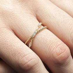 14K Criss Cross Diamond Ring, Cross Diamond Band, Bubble Cross Gold Ring, Minimal Cross Ring