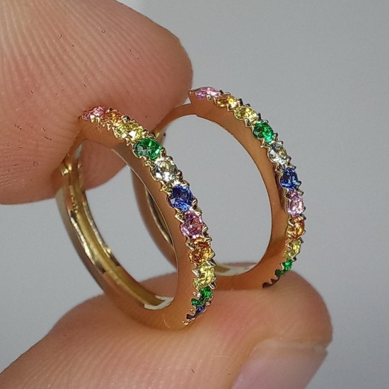 Rainbow Hoops, 14K-18K Multi Color Sapphire Earrings, Multi Gemstone Huggies