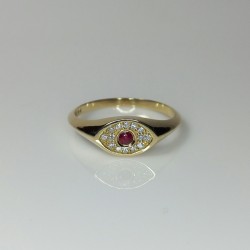 Evil Eye Ruby And Diamond Ring, 14K-18K Marquise Shape Signet Ring, Stackable Signet Ring, Ruby Signet Ring, Pinky Signet Ring