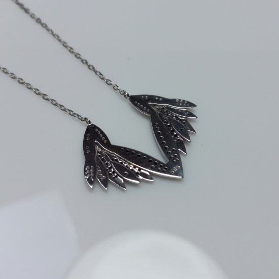 Angel Wings Black And White Diamond Necklace, Gorgeous Diamond Wings, 14K Double Wing Pendant, 1.30Ct Diamond Wings