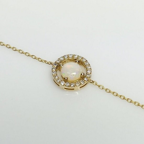 14K Halo Opal Bracelet, Geniune Opal And Diamond Chain Bracelet, Circle Opal Bracelet, Solid Gold Dainty Opal Bracelet