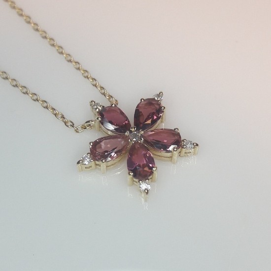 Natural Pink Tourmaline And Diamond Flower Pendant, 14K Solid Gold Tourmaline Necklace, Flower Gemstone Charm,