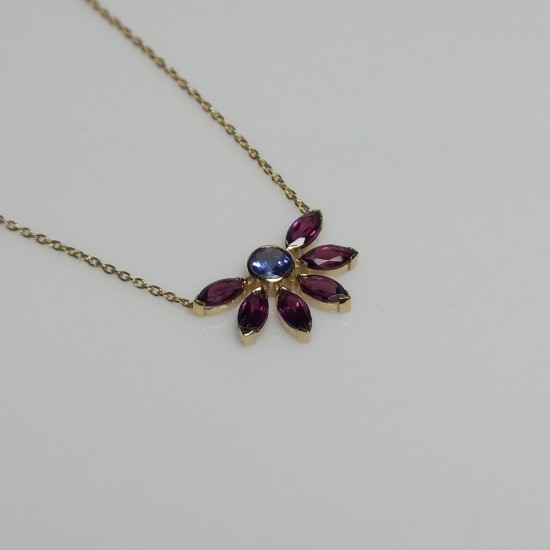 14K Natural Tanzanite Necklace, Marquise Rhodalite & Round Tanzanite Pendant, Top Quality Tanzanite Jewelry, Unique Tanzanite Necklace